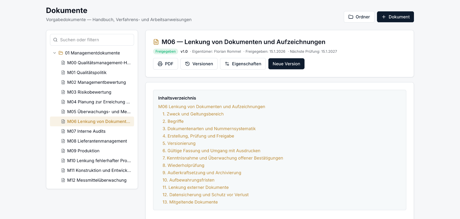 Dokumentenlenkung: Vorgabedokument mit Status Freigegeben, Version und nächster Prüfung