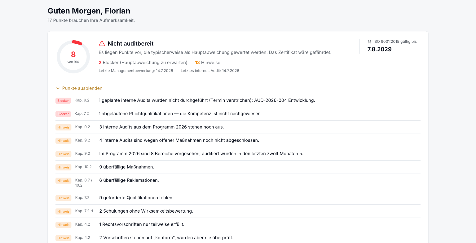 QVM Software – Auditbereitschafts-Score mit Blockern und Hinweisen je Normkapitel, bevor es im Zertifizierungs-Audit auffällt