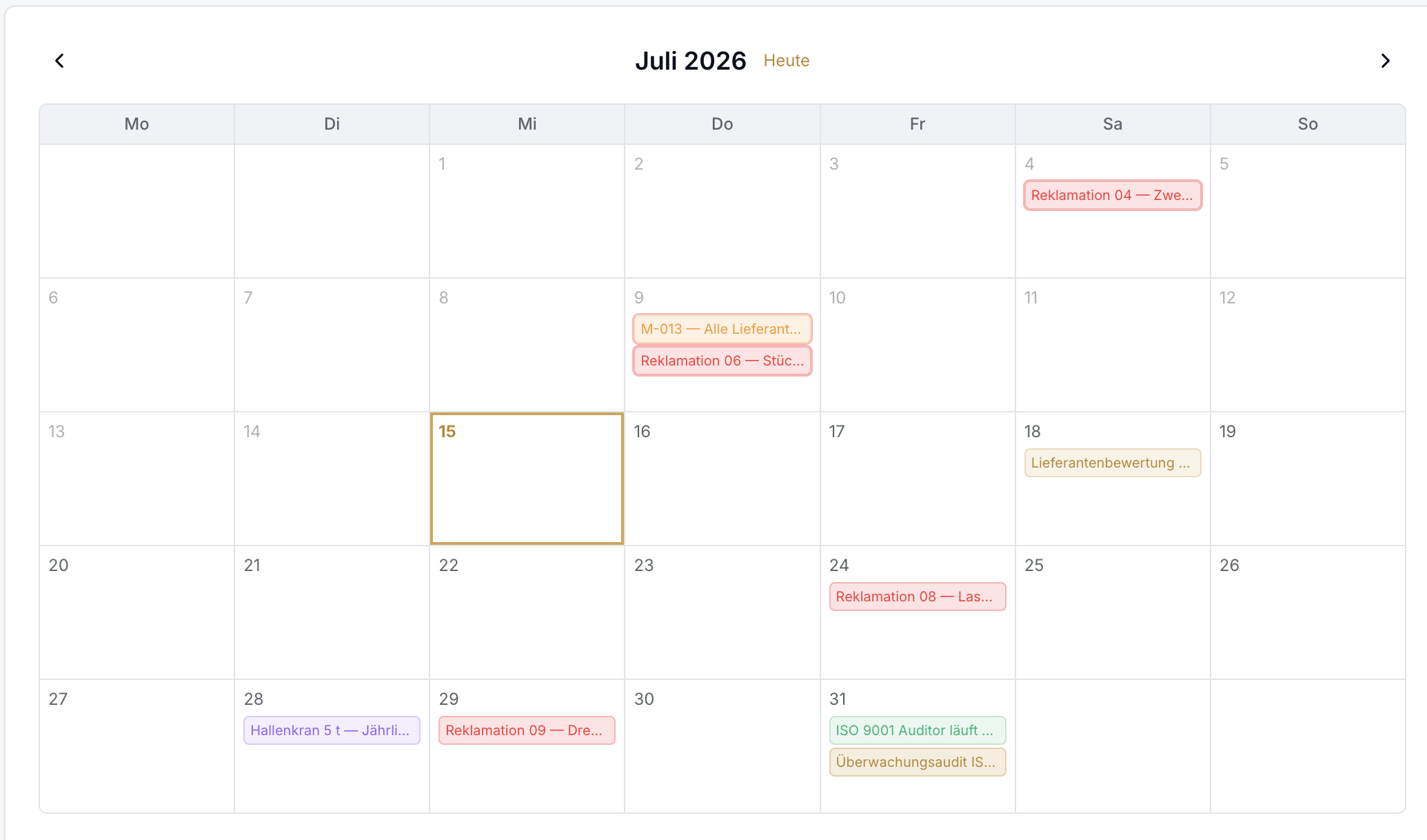 Qualitätskalender der QVM-Software mit allen Fristen eines Monats: Reklamationen, Wartungen, Lieferantenbewertungen und Audits