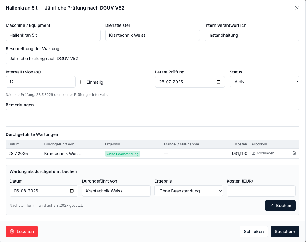Wartungsaufgabe „Hallenkran 5 t – Jährliche Prüfung nach DGUV V52“ mit Dienstleister, internem Verantwortlichen, Historie und dem Formular zum Buchen einer durchgeführten Wartung