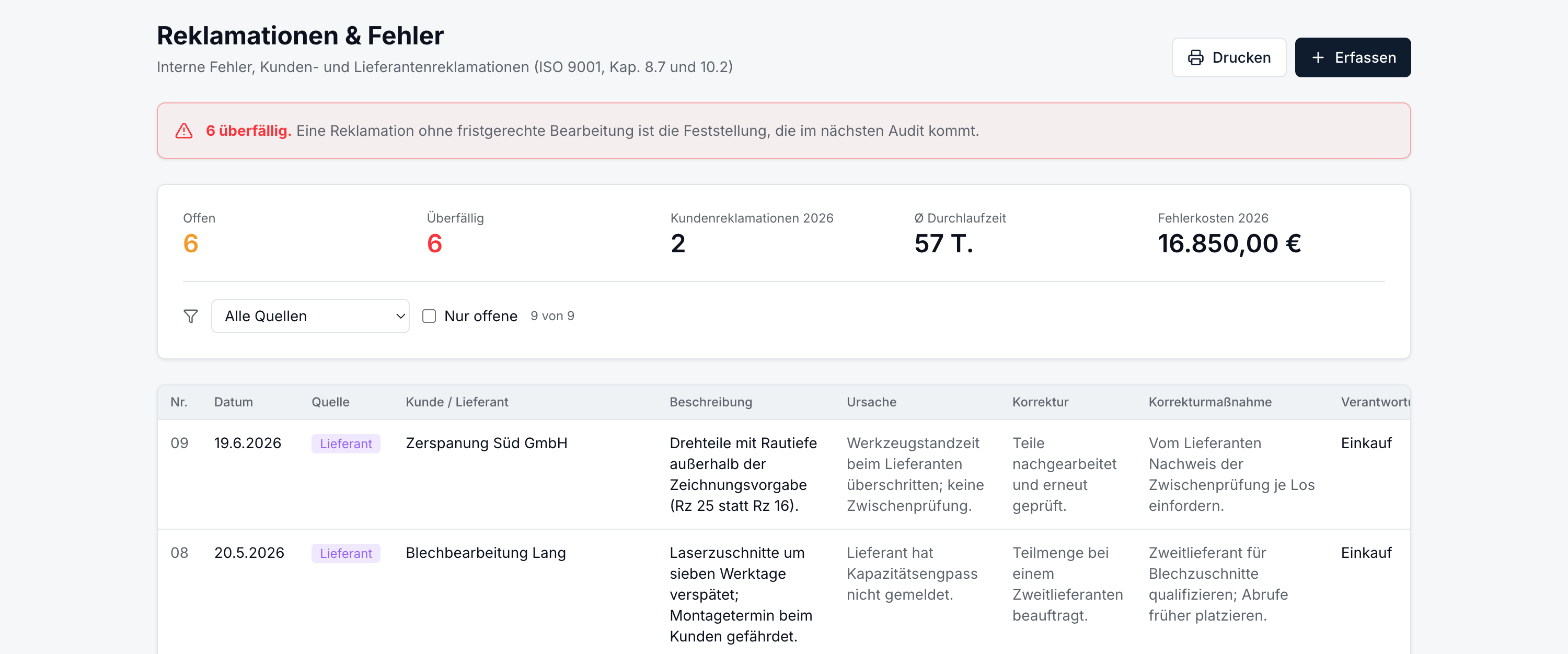 Reklamationen & Fehler in der QVM Audit-Software: Warnhinweis „6 überfällig