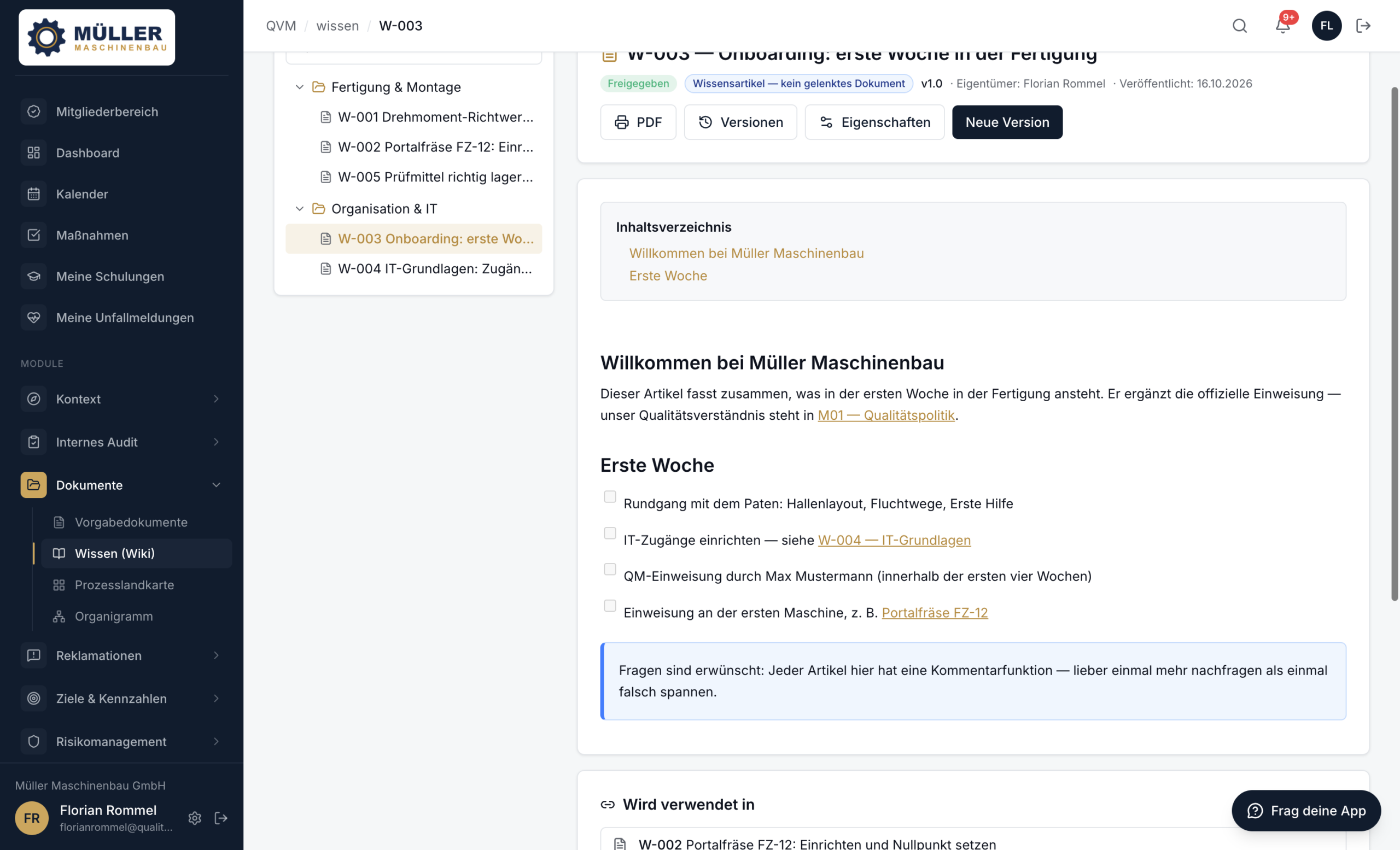 Wiki-Artikel im Bereich Wissen der QVM-Software mit Hinweis-Kasten, Checkliste und dem Vermerk „kein gelenktes Dokument“ sowie der Karte „Wird verwendet in“ mit Rückverweisen